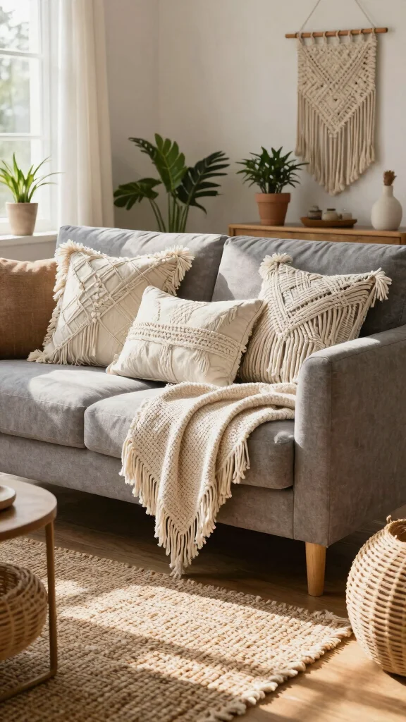 12 Grey Sofa Pillow Ideas That Add Contrast, Texture, and Warmth - 6. Boho Chic with Macrame and Fringe 1