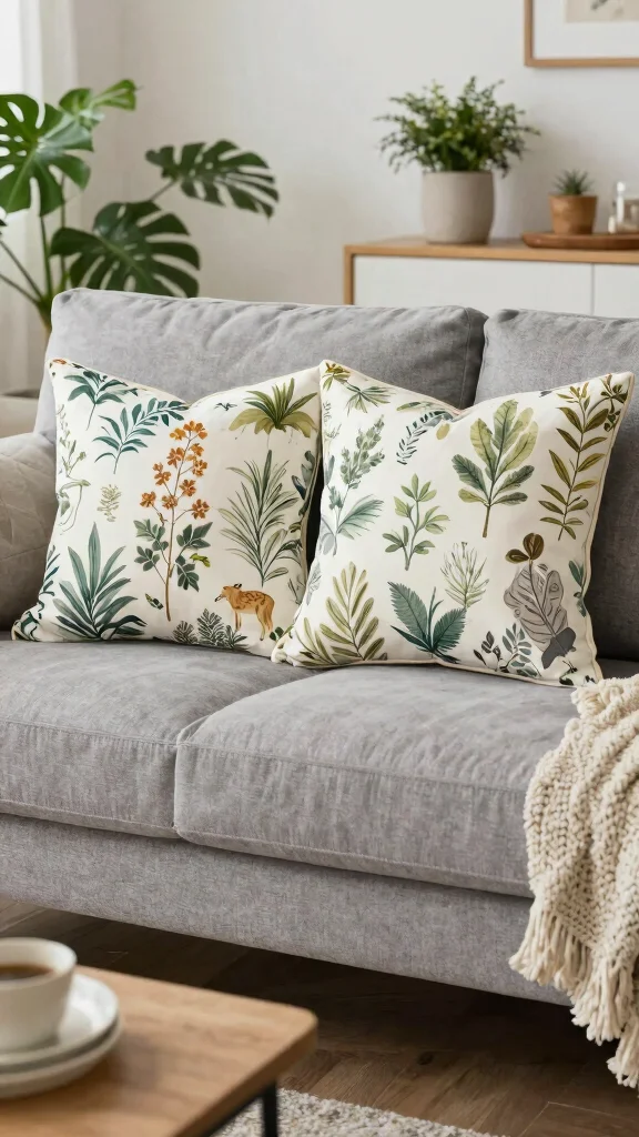 12 Grey Sofa Pillow Ideas That Add Contrast, Texture, and Warmth - 7. Nature-Inspired Prints for a Fresh Feel 1