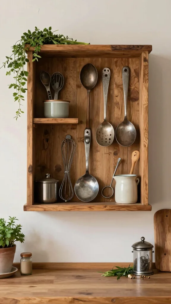 12 Kitchen Wall Art Ideas That Add Character to Everyday Spaces - 8. Vintage Kitchen Utensils Display 1