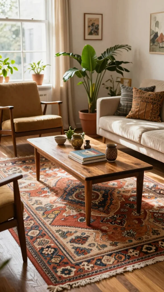 12 Moroccan Rug Living Room Ideas for Warmth, Texture, and Global Style - 10. Vintage Furniture 1