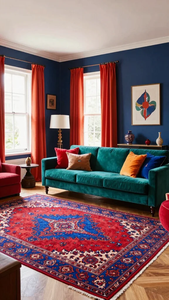12 Moroccan Rug Living Room Ideas for Warmth, Texture, and Global Style - 2. Bold Color Schemes 1
