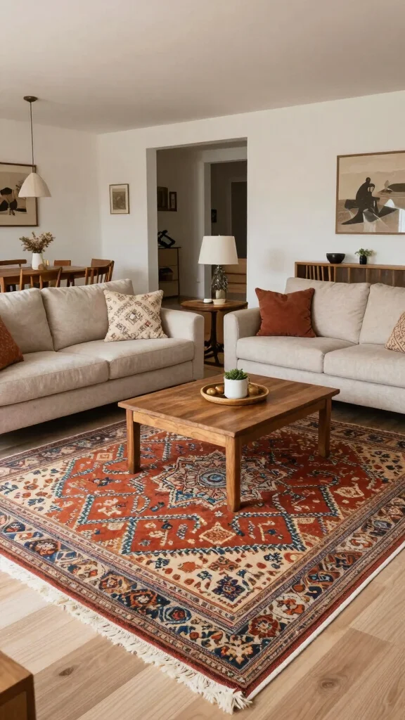 12 Moroccan Rug Living Room Ideas for Warmth, Texture, and Global Style - 7. Using Rugs for Zoning 1