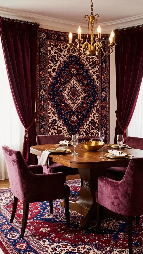 12 Persian Rug Wallpaper Ideas for a Rich and Timeless Vintage Aesthetic - 5. Luxe Layering with Textured Fabrics 1