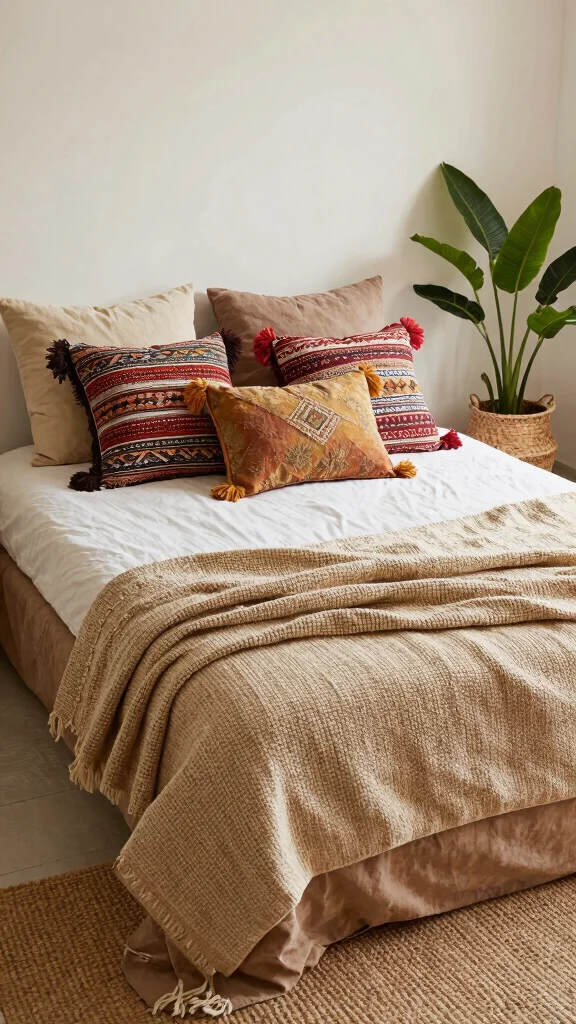 12 Pillow Placement on Bed Ideas for a Hotel-Inspired Bedroom Look - 9. Relaxed Bohemian Vibe 1