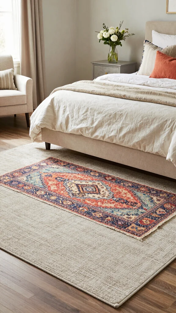 12 Rug Under Bed Placement Ideas for a More Balanced Bedroom Layout - 1. Layered Textures for Depth 1