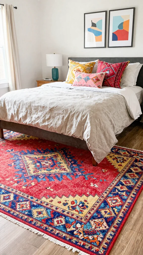 12 Rug Under Bed Placement Ideas for a More Balanced Bedroom Layout - 5. Color Pops for a Bold Statement 1
