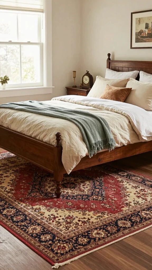 12 Rug Under Bed Placement Ideas for a More Balanced Bedroom Layout - 6. Vintage Charm with Antique Rugs 1