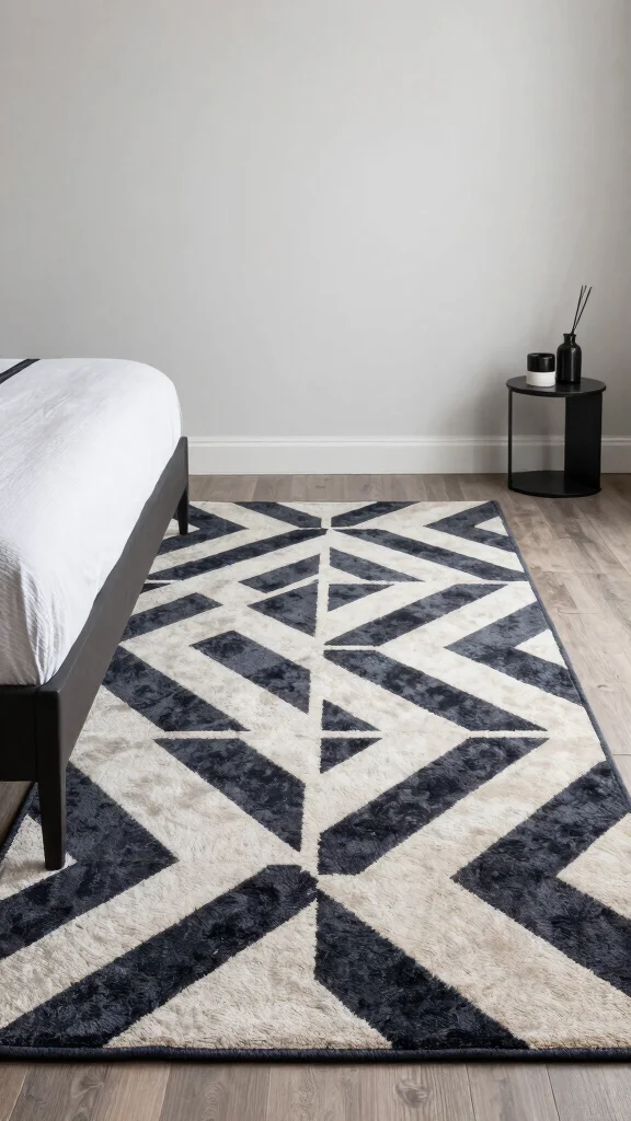 12 Rug Under Bed Placement Ideas for a More Balanced Bedroom Layout - 7. Geometric Patterns for Modern Appeal 1