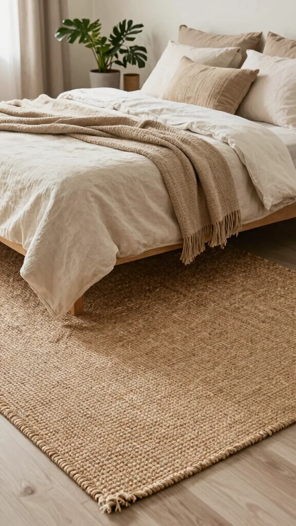 12 Rug Under Bed Placement Ideas for a More Balanced Bedroom Layout - 9. Natural Fiber Rugs for Eco-Friendly Vibes 1