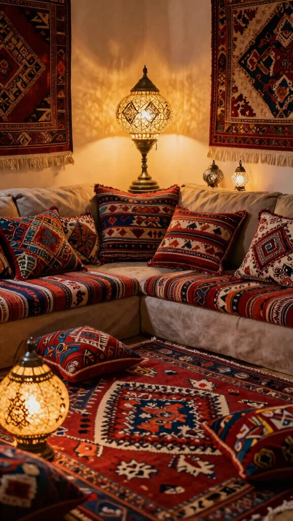 12 Turkish Lamp Design Ideas for a Warm and Exotic Home Accent - 12. Pairing with Turkish Textiles 1