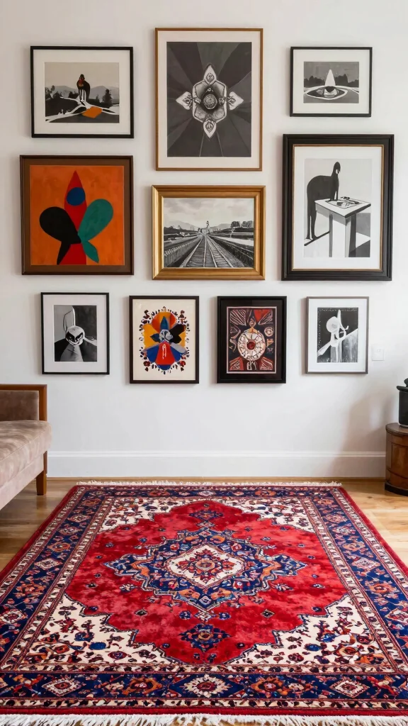 12 Vintage Persian Rug Ideas for Timeless Texture and Old-World Charm - 7. Art Above the Rug 1