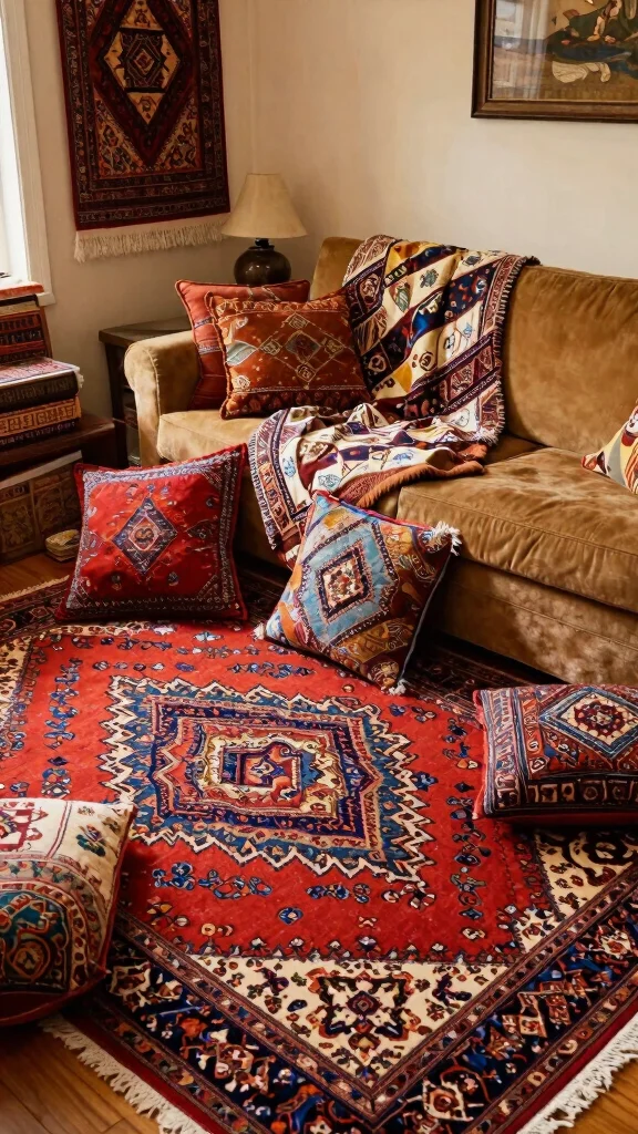 12 Vintage Persian Rug Ideas for Timeless Texture and Old-World Charm - 9. Vintage Textiles in the Mix 1
