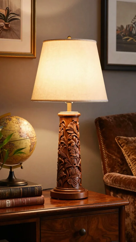 12 Wooden Lamp Ideas for Rustic, Modern, and Handmade Spaces - 5. Artistic Carved Wooden Lamp 1