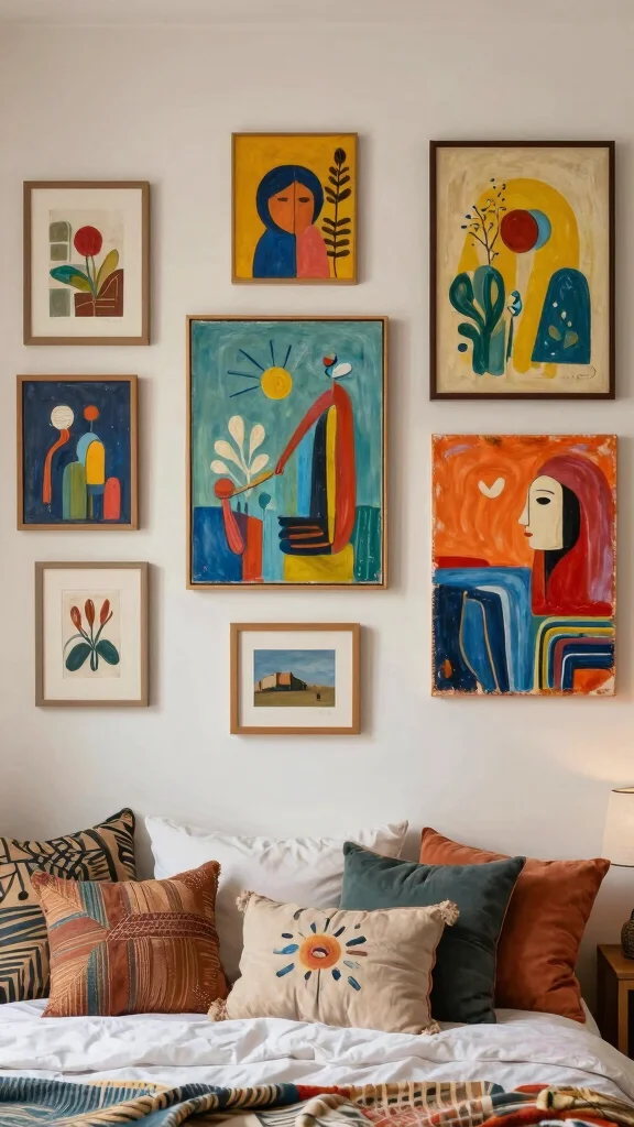13 Bedroom Wall Art Ideas to Add Warmth, Style, and Visual Interest - 13. Artistic Wall Decor with Personal Flair 1