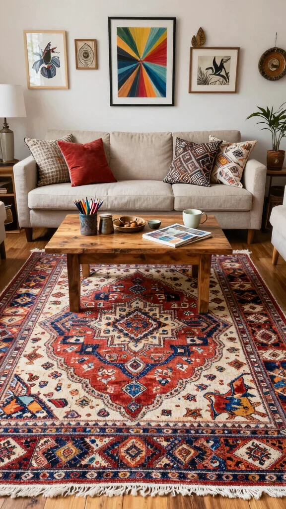 13 Living Room Rug Inspiration Ideas to Refresh Your Space with Comfort and Style - 12. Artistic Flair with Handmade Rugs 1