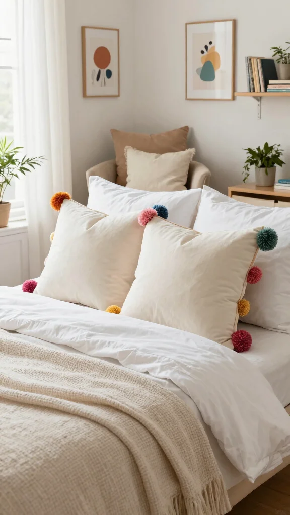 13 Pillow Case Design Ideas to Refresh Your Bedroom with Style - 7. Pom-Pom Playfulness 1